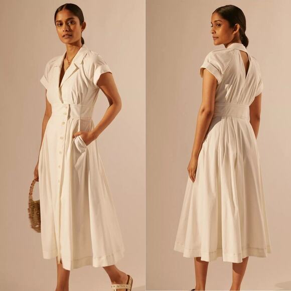 Maeve Poplin Midi Shirt Dress Womens 8 Ivory Front Slit Preppy Old Money Cottage - Picture 1 of 11